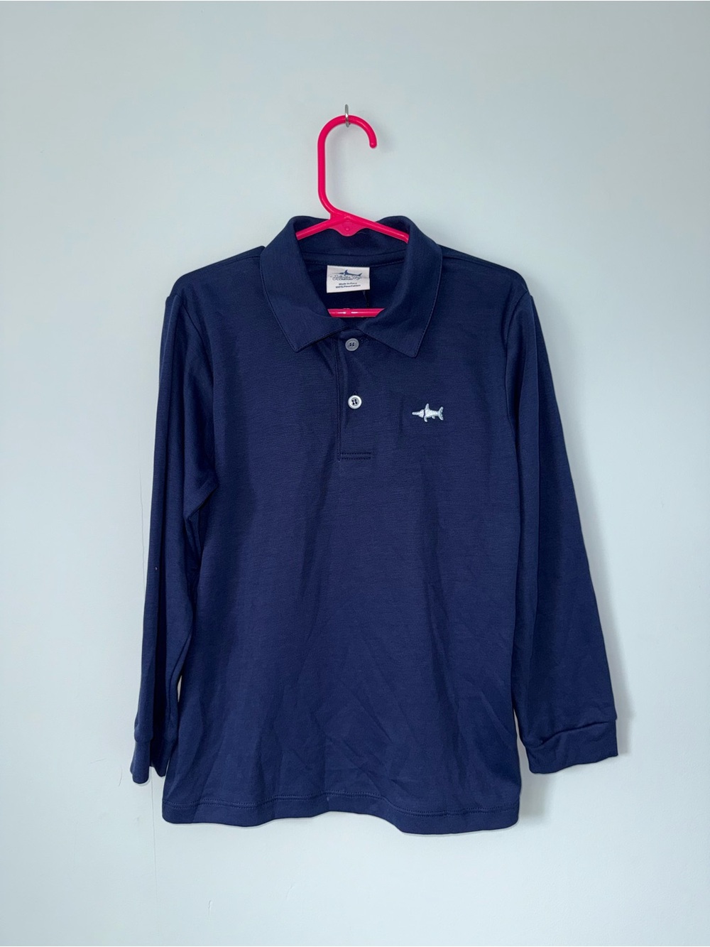Southern Proper Navy Long-Sleeve Polo with Shark Embroidery